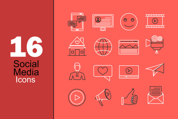 社交媒体细线图标设置图片下载
