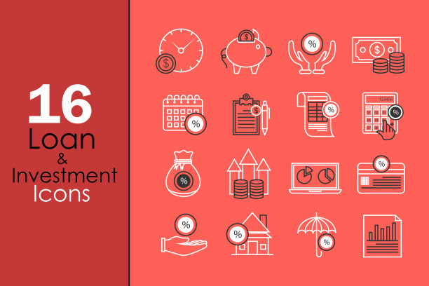 贷款和投资细线矢量图标集图片下载