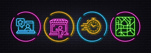 定时器，在线评级和市场卖家最小线图标。对于web应用程序，打印。氖激光3d灯。向量图片下载