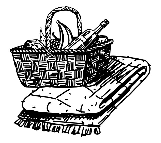 野餐篮和毯子。夏季休闲涂鸦剪贴画孤立在白色。手绘矢量插图在雕刻风格。图片下载