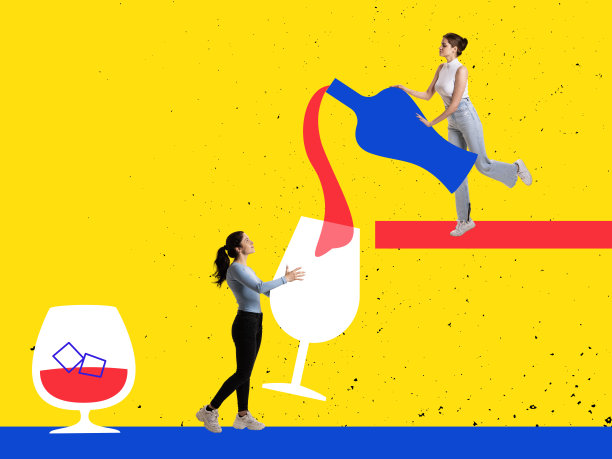 当代艺术拼贴。灵感，创意，时尚都市杂志风格。年轻女孩为酒会调制鸡尾酒，在明亮的黄色背景上玩得很开心图片下载