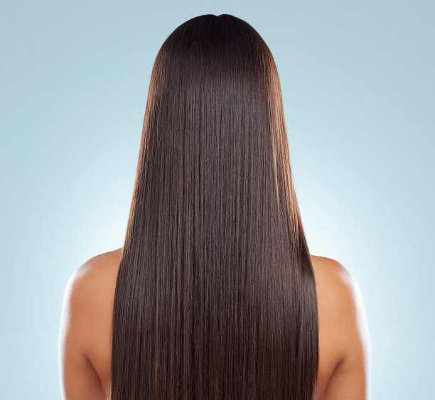 后面的看法，一个深褐色的女人与长葱郁美丽的头发摆对一个灰色的工作室背景。混血女性站着展示她美丽健康的头发图片下载