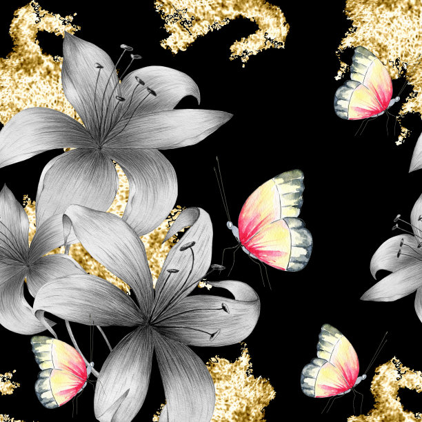 手绘水彩明亮彩色蝴蝶花卉无缝图案图片下载