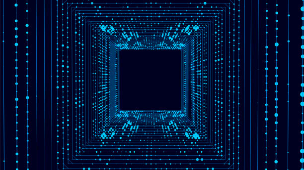 技术线框方形隧道上的黑暗背景。未来3D虫洞网格。数字动态波。矢量插图。图片下载