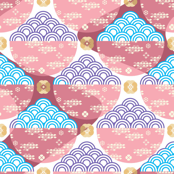 美丽的日本无缝图案云，波梅，扇子，樱花矢量模板和服图片下载