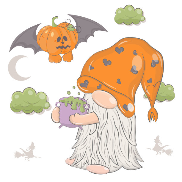 卡通女巫小矮人与南瓜。图片下载