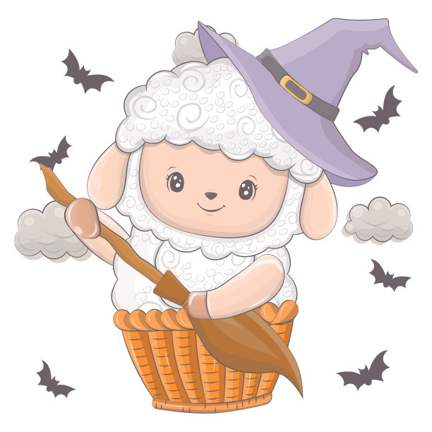 万圣节绵羊和扫帚的插图。图片下载