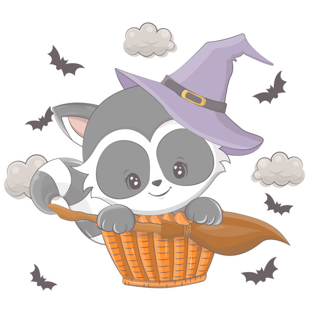 一只浣熊和扫帚的万圣节插画。图片下载