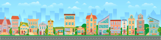 城市街道的野花。明亮的房屋，步行的行人，城市全景。商店和商店。夏天的城市。矢量插图在卡通风格。图片下载