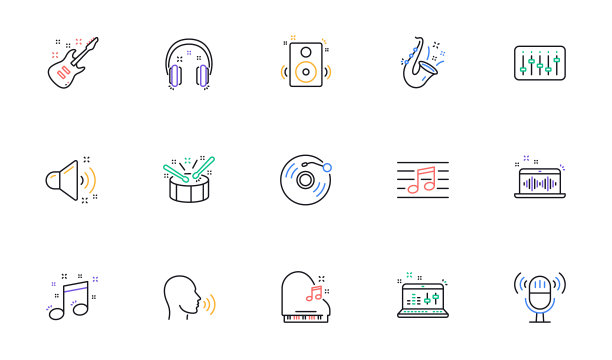 音乐图标。吉他，音符和耳机。线性的图标集。向量图片下载