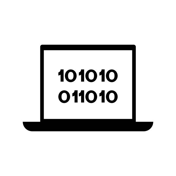 带有二进制代码的笔记本电脑黑线图标。二进制，编码，编程符号。平面孤立的轮廓符号:插图，信息图表，标志，应用程序，横幅，网页设计，开发，ui, ux, gui。向量EPS 10图片下载