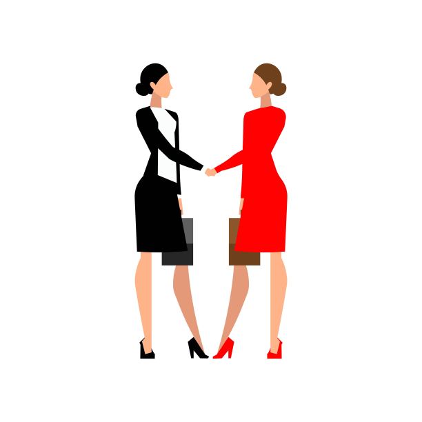 两个聪明的商业女性公文包在经典西装握手矢量插图孤立在白色背景。时髦的平面图标:手机，应用程序，横幅，网页设计，开发，ui, ux, gui。每股收益10图片下载