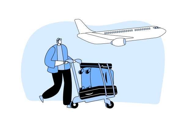 假期和度假概念，男子推手推车与行李登机在飞机上。带旅行箱和包的游客图片下载