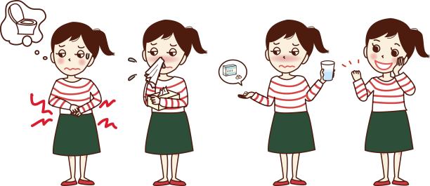 一组身体状况差的年轻女子的插图。腹痛，流鼻涕，吃药，大便姿势。图片下载