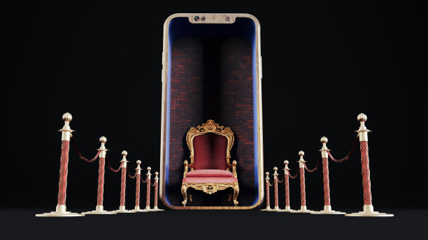 智能手机3d渲染，配有护栏绳和皇家扶手椅，vip概念图片下载