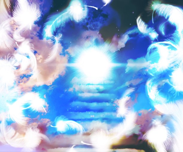 蓝色天空的神秘背景与蓬松的白色天使翅膀和彩色的云剪辑艺术。图片下载