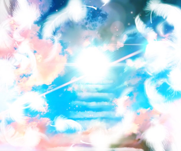 蓝色天空的神秘背景与蓬松的白色天使翅膀和彩色的云剪辑艺术。图片下载