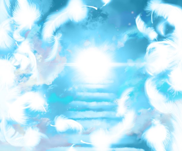 蓝色天空的神秘背景与蓬松的白色天使翅膀和彩色的云剪辑艺术。图片下载