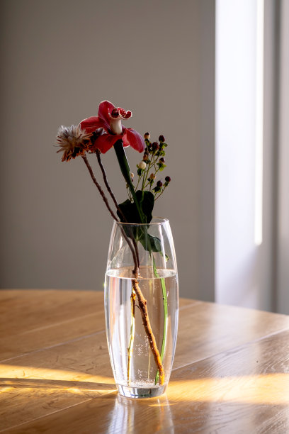 阳光下木桌上透明花瓶里的花束。图片下载