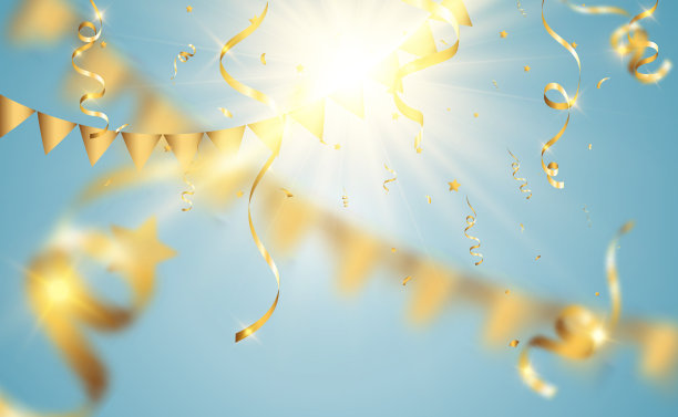 金色的彩纸落在美丽的背景上。舞台上落下的飘带。图片下载