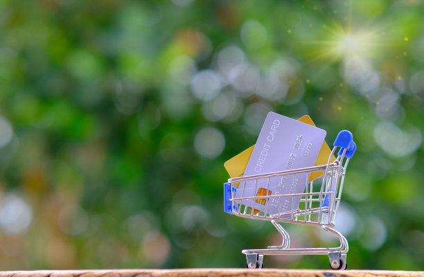 电子商务，网上银行，购物概念，手拿信用卡在手推车里图片下载