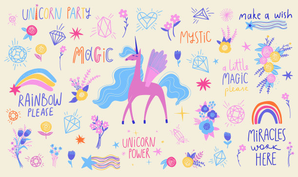 与可爱的独角兽和女孩元素设置图片下载