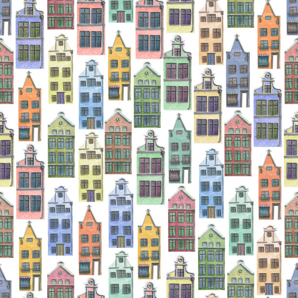 欧洲人,可爱的房子。五彩斑斓的无缝图案。水彩插图。用于纺织品的装饰设计。面料,海报,墙纸。贴纸、封面、纪念品、小册子。图片下载