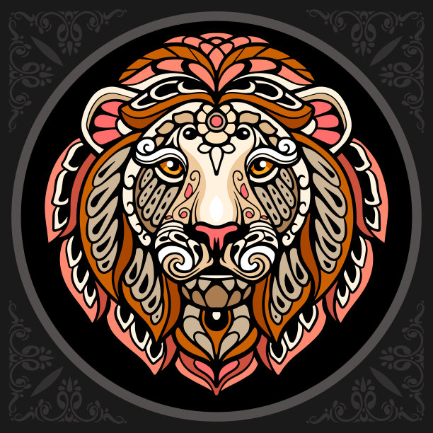 五颜六色的狮子头涂鸦艺术。孤立在黑色背景。图片下载