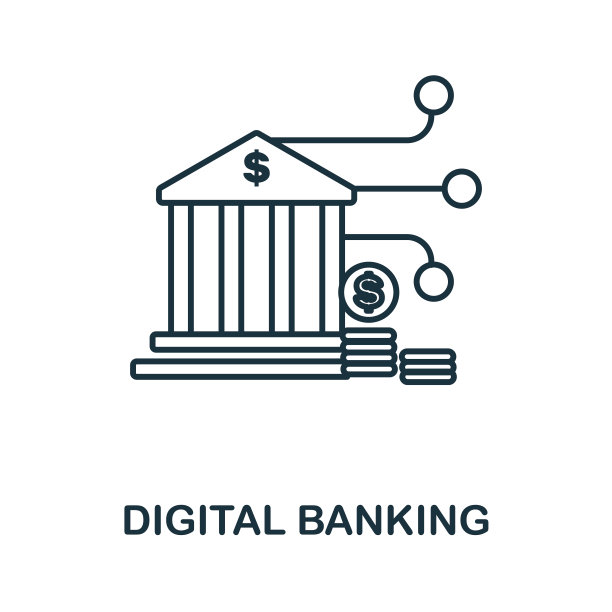 数字银行图标。单色简单的数字银行轮廓图标模板，网页设计和信息图图片下载