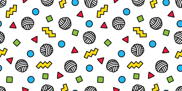 纱线球无缝图案狗爪子猫波尔卡点三角形正方形矢量小狗小猫宠物品种卡通涂鸦重复墙纸孤立瓷砖背景插图设计图片下载