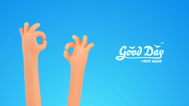 好了，签两个3d卡通手矢量插图。好吧，手势人类的手臂，夏天，有趣的放松网页横幅图片下载