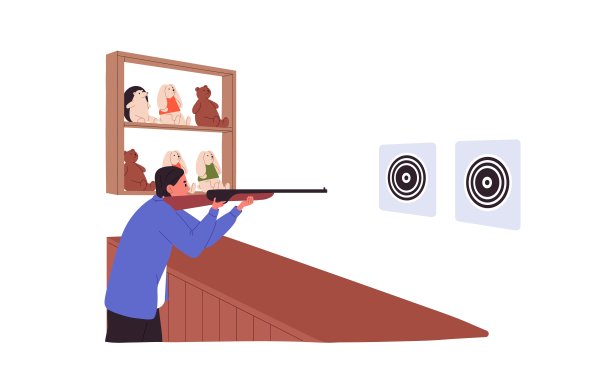 射手与步枪在射击场与玩具的乐趣和娱乐。用猎枪瞄准目标的人。休闲游戏与武器。平面矢量插图孤立在白色背景图片下载