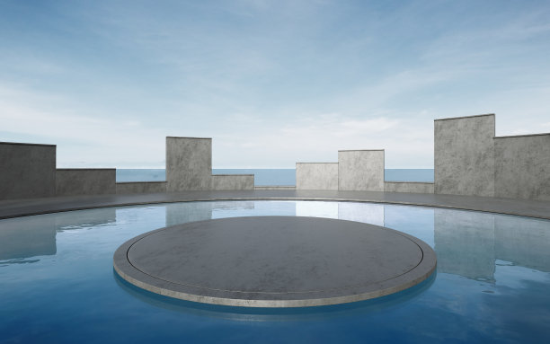 圆形混凝土平台空地板与游泳池。图片下载