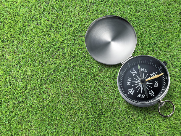 绿色草地上的指南针，旅行目的地导航概念图片下载