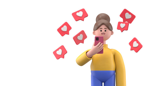 3D插图微笑的女人安琪拉持有智能手机像通知飞周围的白色背景。白色背景上的3D渲染。图片下载