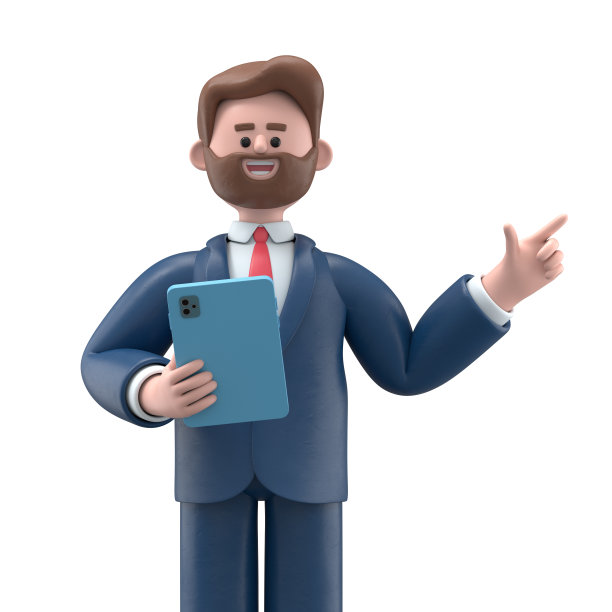 微笑的商人鲍勃手持平板电脑，用手指指向方向的3D插图。可爱的卡通微笑有吸引力的商人使用社交网络和办公应用程序。图片下载