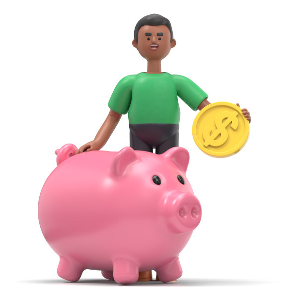 3D插图微笑的非洲裔美国人大卫与小猪银行和黄金美元硬币。3D渲染在白色背景。图片下载