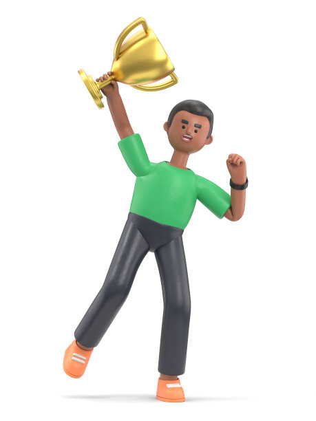 3D插图微笑的非洲裔美国人大卫持有金杯，授予奖金，赢得奖。庆祝目标达成的概念。白底3D渲染。图片下载