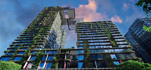 位于澳大利亚新南威尔士州悉尼的公寓大楼，日落时分，空中有空中花园和植物，天空中有可爱的彩色云彩图片下载