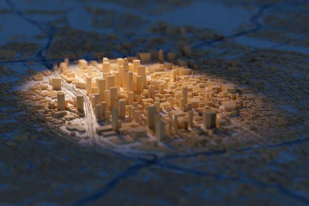 聚光灯下的3D微缩洛杉矶市中心。房地产的概念。3 d渲染。图片下载