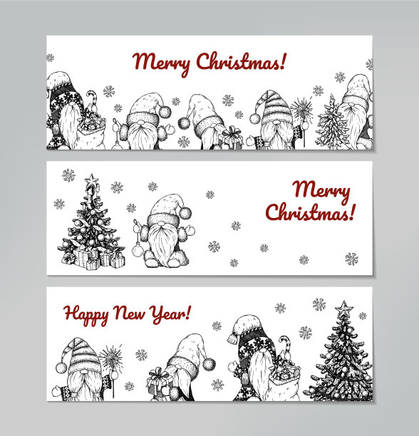 手绘一套水平的新年快乐和图片下载