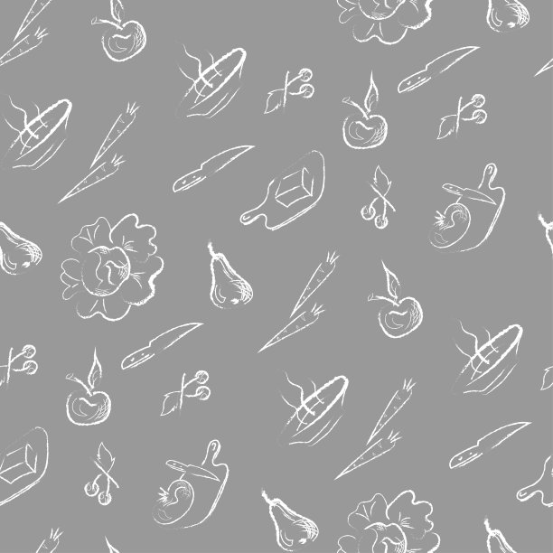 向量无缝图案上的一个烹饪主题，模仿粉笔手绘黑色背景。水果梨，苹果，樱桃，蔬菜，卷心菜，胡萝卜，西红柿。切菜板用刀、盘子图片下载