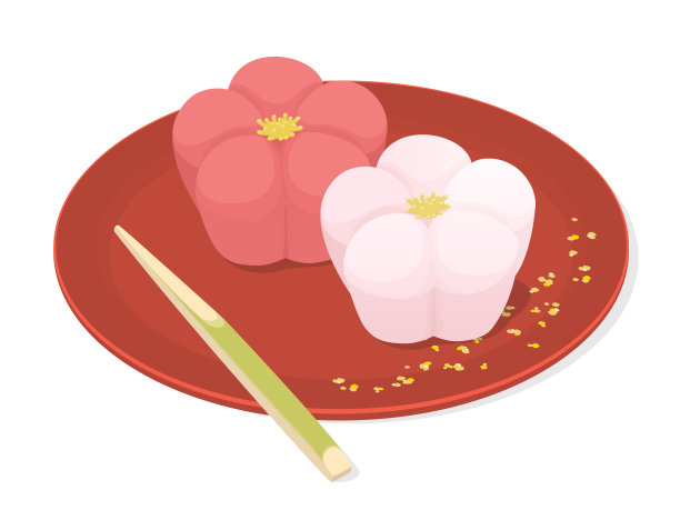 矢量插图的传统日本糖果- Wagashi, Nerikiri -在形状的红色和白色的日本杏花。图片下载