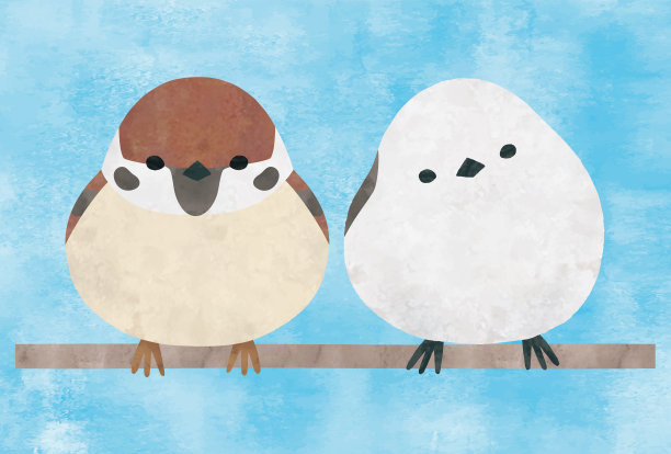 麻雀和可爱的长尾山雀水彩画图片下载