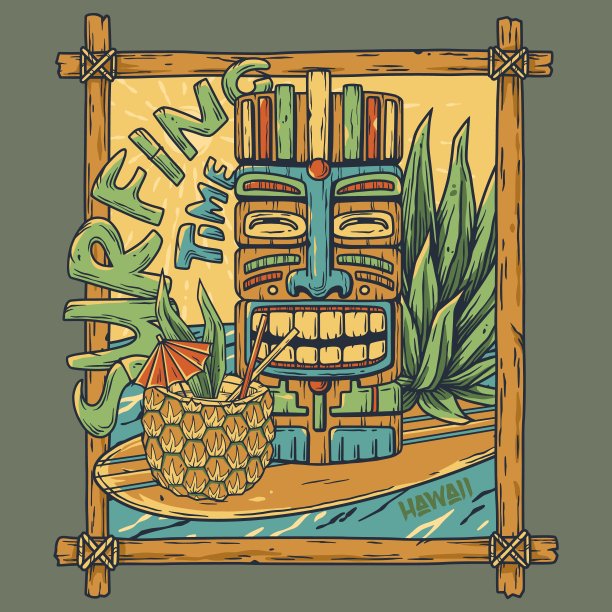 提基冲浪夏威夷印花。鸡尾酒和波图片下载