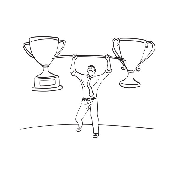 线条艺术商人举着沉重的两个奖杯图片下载