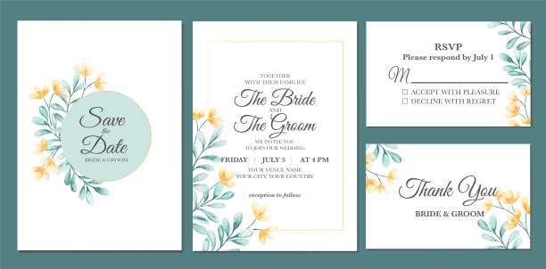 手绘花卉水彩画的婚礼邀请。图片下载