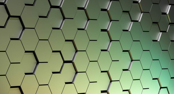蜂窝状背景呈金属绿黄色，带有反光。壁纸金属背景。3 d渲染插图。图片下载