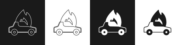 设置燃烧的汽车图标孤立在黑色和白色图片下载