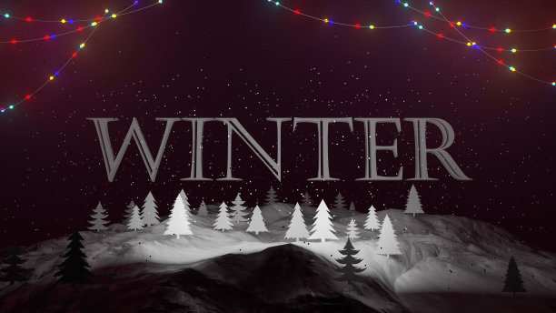 冬天。神奇的圣诞村。下雪的夜空。冬季喜庆的蓝色背景。圣诞贺卡。彩色花环。手电筒。3 d演示图片下载